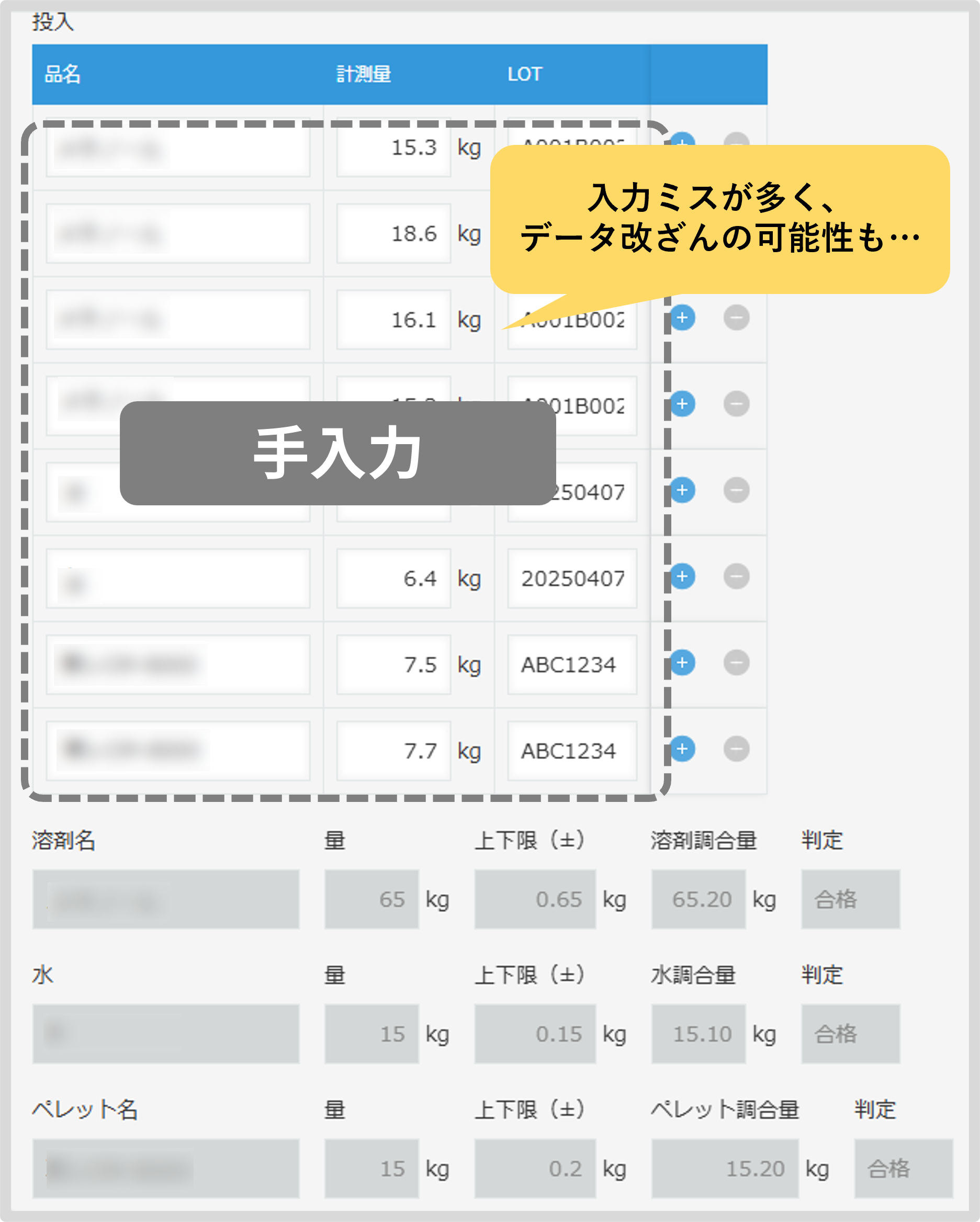 kinveni導入前の原材料管理アプリ画面