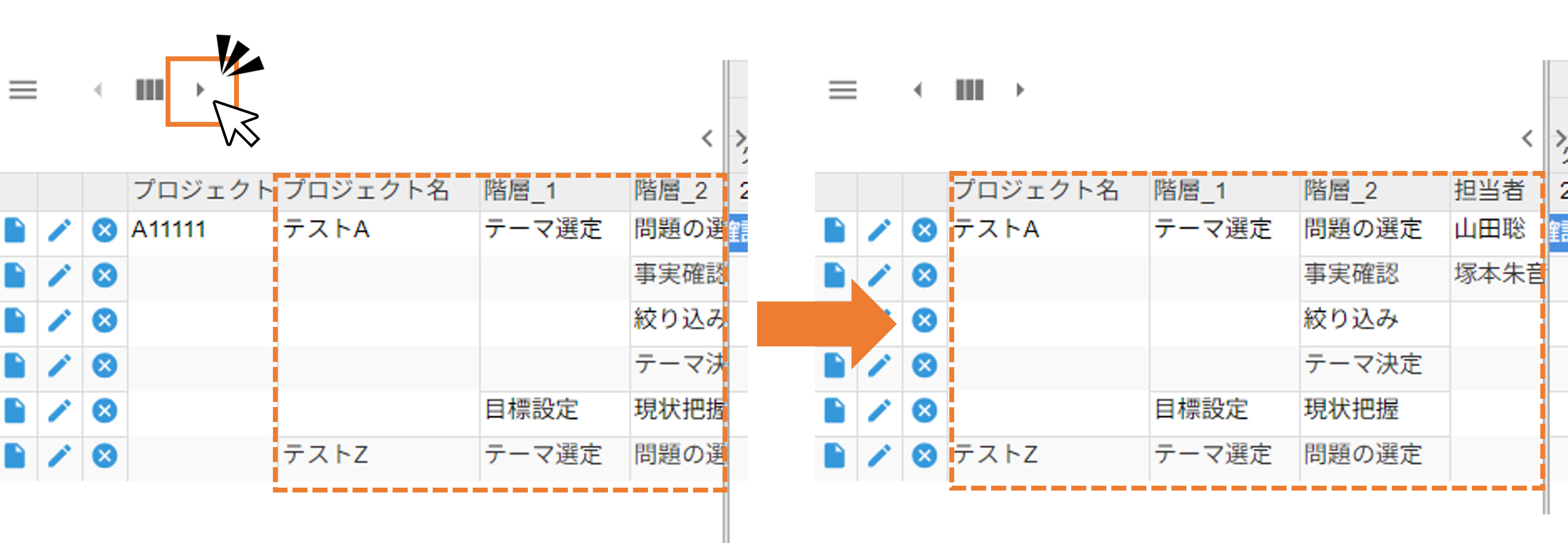 管理項目のスクロール画面