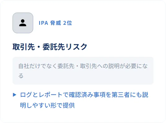 IPA脅威 2位、取引先・委託先リスク:自社だけでなく委託先・取引先への説明が必要になる。ログとレポートで確認済み事項を第三者にも説明しやすい形で提供